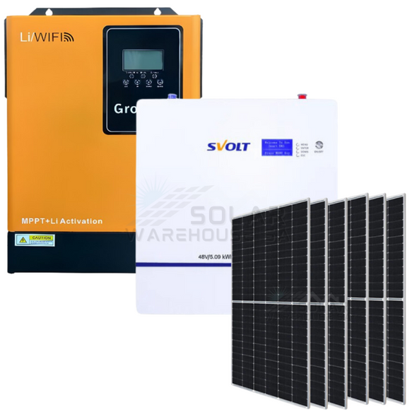 5Kw Mppt Growtech Lithium Svolt 5.09Kwh Battery Combo Backup Power Kit 6X Solar 450W Panels Mono